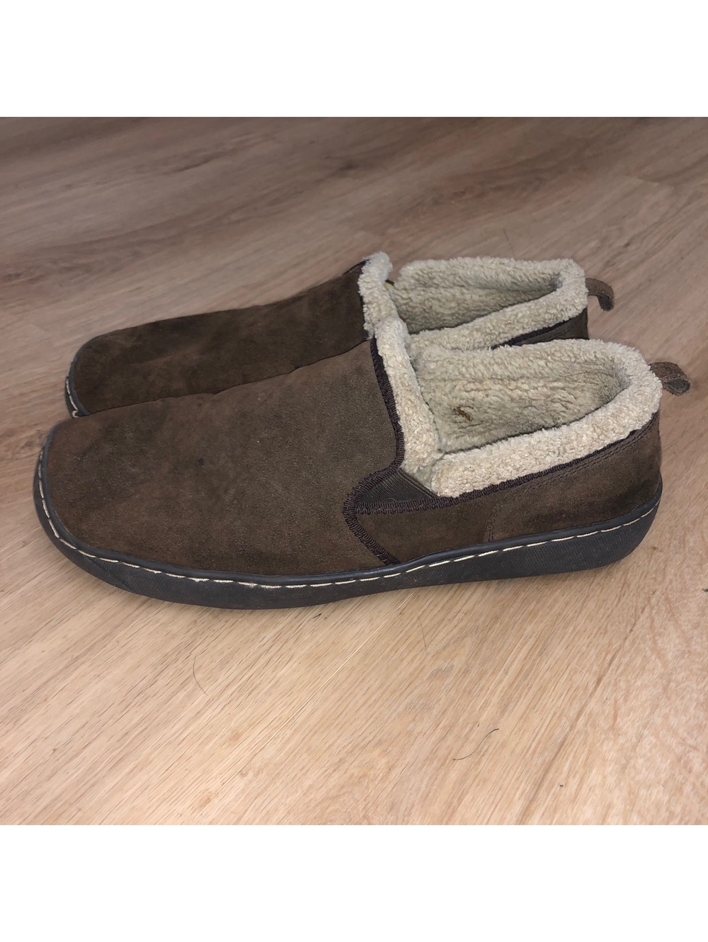 HIDEAWAYS LB EVANS SUEDE LOAFER SLIPPER MOCCASIN BROWN SHEARLING LINED MENS 11